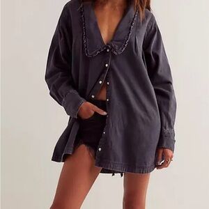 Free People Charlie Black Ruffled Button-Down Shirt